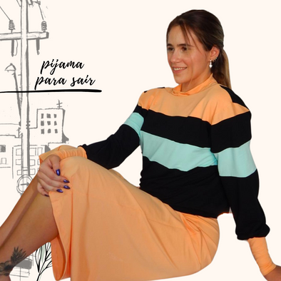 Pijama Feminino Homewear Preguistê Multifuncional Ocasional Primavera Laranja e Preto
