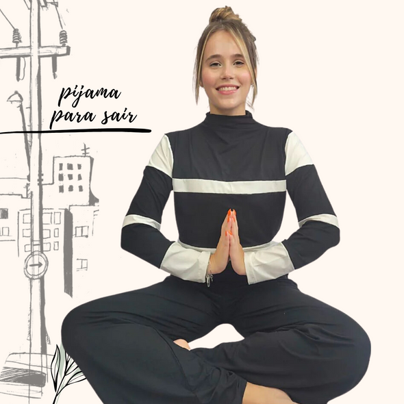 Pijama Feminino Homewear Preguistê Multifuncional Ocasional Fabulosa Preto e Off