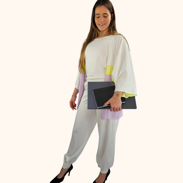 Pijama Feminino Homewear Preguistê Multifuncional Ocasional Harmonia Off Lilás e Neon