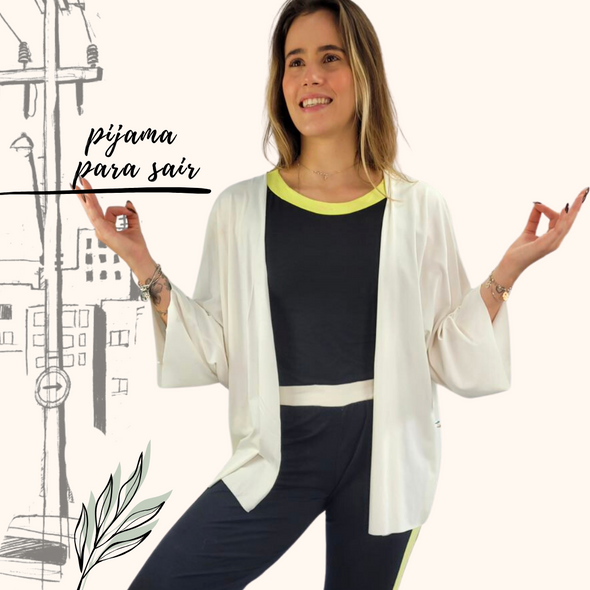 Pijama Feminino Homewear Preguistê Multifuncional Ocasional Êxtase Preto Off e Neon