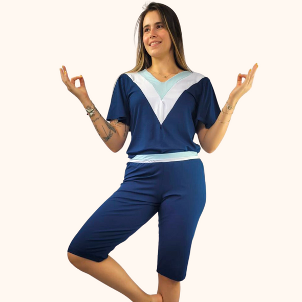 Pijama Feminino Homewear Preguistê Multifuncional Ocasional Elegancia Marinho, Branco, Azul Claro