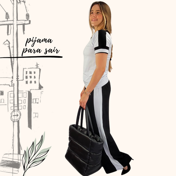 Pijama Feminino Homewear Preguistê Multifuncional Ocasional Plenitude Preto e Branco