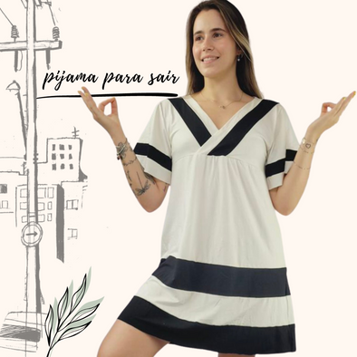 Pijama Camisola Feminino Homewear Preguistê Multifuncional Ocasional Mistério Off e Preto