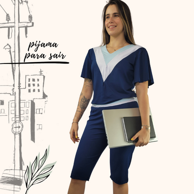 Pijama Feminino Homewear Preguistê Multifuncional Ocasional Elegancia Marinho, Branco, Azul Claro