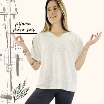Pijama Feminino Homewear Preguistê Multifuncional Ocasional Bohô Branco e Preto